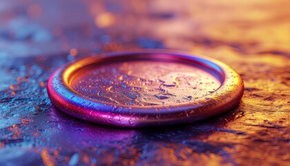 A Copper Ring with Water Droplets Gleaming Under Dramatic Neon Lighting in a Reflective Environment
