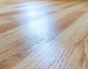 Close up of light brown wooden floor with a reflective glare in a room with soft natural lighting highlighting wood grain texture