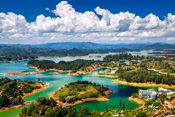 Panoramic view of the Penol lake in Guatape town, Antioquia, Colombia