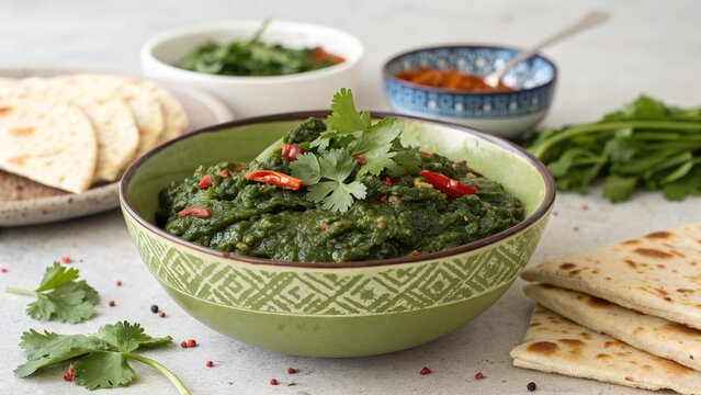 Callaloo served in a bowl with fresh garnish on a neutral surface surrounded by breads and condiments