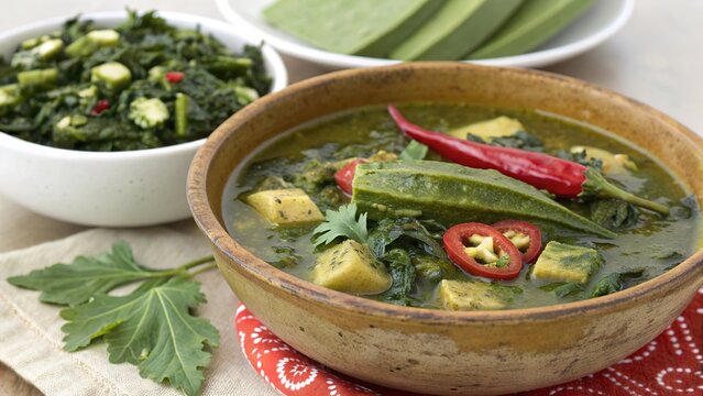 Rich callaloo soup served in a rustic bowl with fresh garnishes and vibrant colors on a neutral table setting
