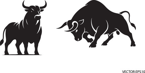 PrintTwo powerful black bulls facing each other in silhouette