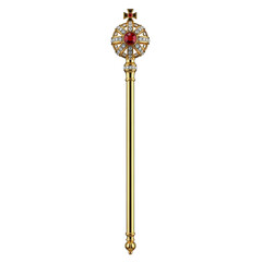 Ornate gold scepter with red gemstone and clear stones isolated on a transparent background