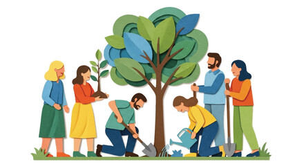 Group of Diverse People Planting a Small Tree in the Ground, Concept of Environmental Conservation and Teamwork