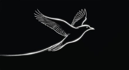 Obraz premium Detailed Minimalist Line Drawing of a Flying Bird on Dark Background