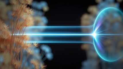 Golden wheat stalks meet vibrant, horizontal blue light beams against a dark backdrop