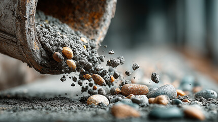 Fototapeta premium A mix of stones and gray soil bursts from the bucket, forming a dynamic construction scene in motion. 