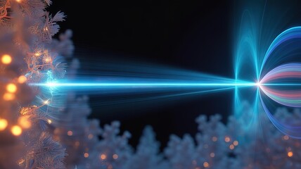 A radiant blue energy beam pierces through frosted flora, illuminating the dark cosmic background