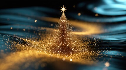 Golden Christmas tree adorned with shining lights and shimmering particles radiates holiday cheer