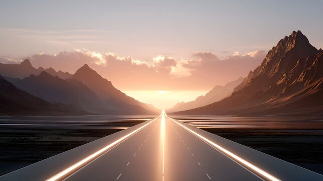 Expansive scenic view of a bright glowing highway vanishing into a dramatic mountainous landscape under a vibrant sunset sky symbolizing journey and aspi n