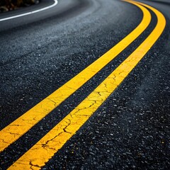 Fototapeta premium Close-up view of two yellow double lines on a dark asphalt road curving gently