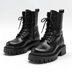 Pair of black leather combat boots with chunky soles (1)