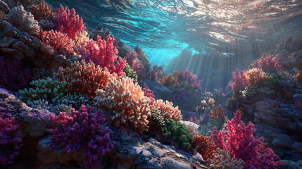 Obraz premium A vibrant underwater scene featuring colorful coral reefs illuminated by sunlight