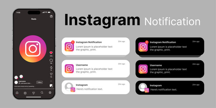 iOS Instagram notification mockup UI design in light and dark mode with rounded card style for mobile social media alerts.