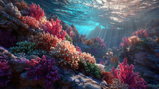 A vibrant underwater scene featuring colorful coral reefs illuminated by sunlight