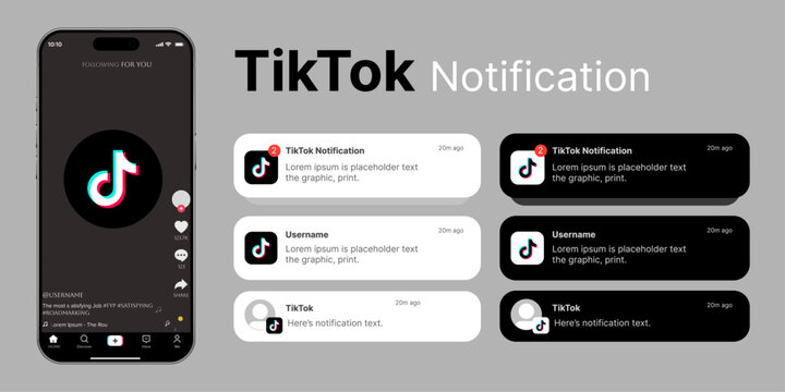 iOS TikTok notification mockup UI design in light and dark mode with rounded card style for mobile social media alerts.