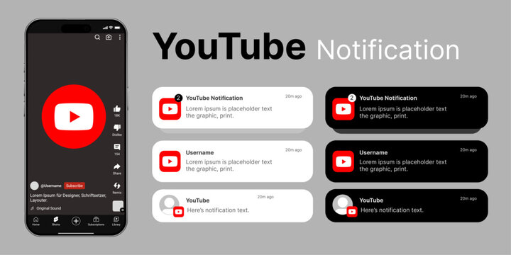 iOS YouTube notification mockup UI design in light and dark mode with rounded card style for mobile social media alerts.