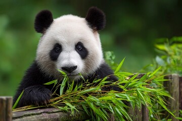 Panda eats bamboo in a green forest area
