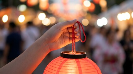 Hand Holding a Red Lantern at a Festive Market During Lunar New Year Celebration