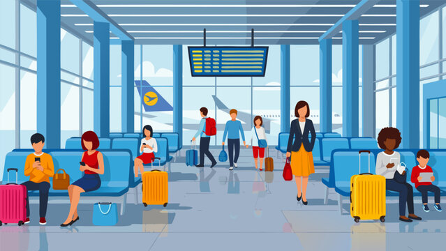 Diverse group of travelers waiting in a modern airport terminal with luggage and an airplane visible outside.