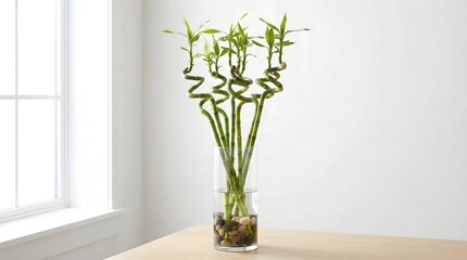 Decorative Bamboo Plant in Glass Vase on Wooden Table
