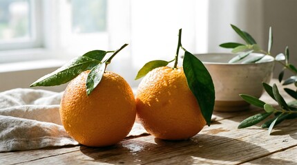 Fresh Oranges with Leaves on Wooden Table for Lunar New Year Celebration