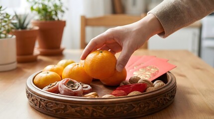 Traditional Lunar New Year Celebration with Oranges and Red Envelopes