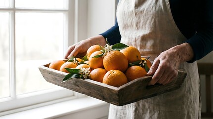 Fresh Oranges in Wooden Tray with Blossoms for Lunar New Year Celebration