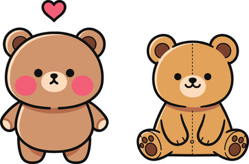 Cute cartoon teddy bears with heart and stitched details in adorable kawaii style vector illustration for kids and decor