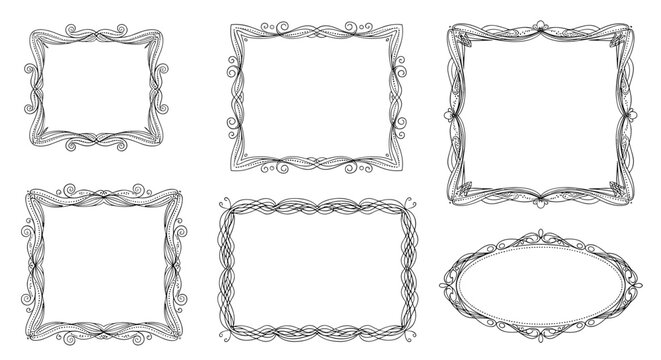Six decorative hand drawn picture frames form a vintage collection with ornate borders in black and white arranged in two rows and a standalone oval frame.