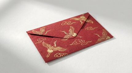 Red Envelope with Gold Cranes and Cloud Patterns for Lunar New Year