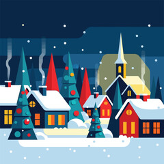 Cozy snowy village night with illuminated houses and festive trees	