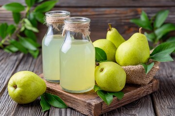 Fresh juice and pears on wooden table with green leaves