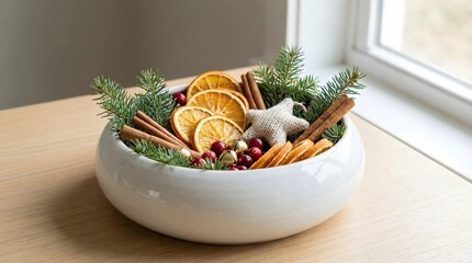 Festive Bowl of Dried Fruits, Cinnamon, and Pine for Lunar New Year Decor