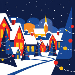 Festive winter wonderland village with decorated trees and illuminated houses	