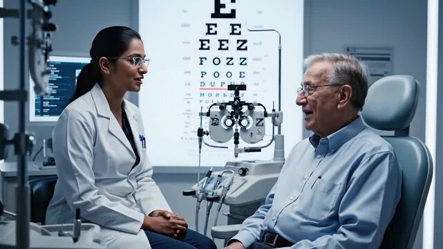 Optometrist Consulting Patient Eye Exam Using the Snellen Chart for Vision Test