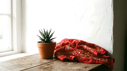 Elegant Arrangement of Potted Succulent and Red Embroidered Fabric on Wooden Table