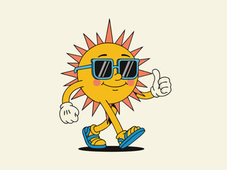 A retro cartoon sun character wearing sunglasses and sandals, walking and giving a thumbs-up gesture, on a plain background.