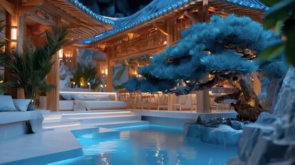 Elegant Oriental Garden Poolside Tranquil Night