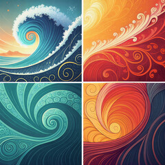 Artistic Swirls: A mesmerizing collection of four vibrant illustrations. The upper left features a crashing wave, the top right showcases fiery spirals.
