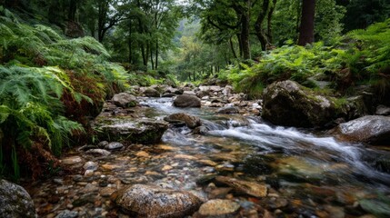 Obraz premium Serene Stream Flowing Through Lush Greenery in a Forest Landscape with Rocky Riverbed and Ferns in a Peaceful Natural Setting