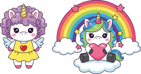 Cute cartoon unicorn characters with colorful rainbow, wings, hearts, and clouds in adorable fantasy themed vector illustration