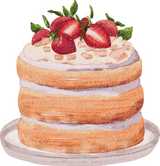 A watercolor illustration of a layered cake topped with fresh strawberries. Perfect for bakery branding, dessert menus, food packaging, celebration designs, greeting cards