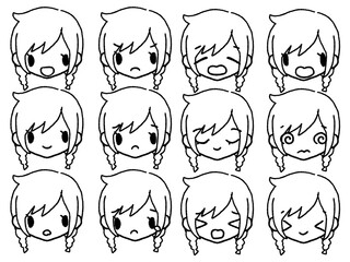 手描きの女の子表情セット白黒２