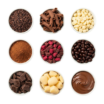 PNG of Assorted chocolate ingredients displayed in bowls, featuring dark, white, and ruby chocolate, and cocoa powder.