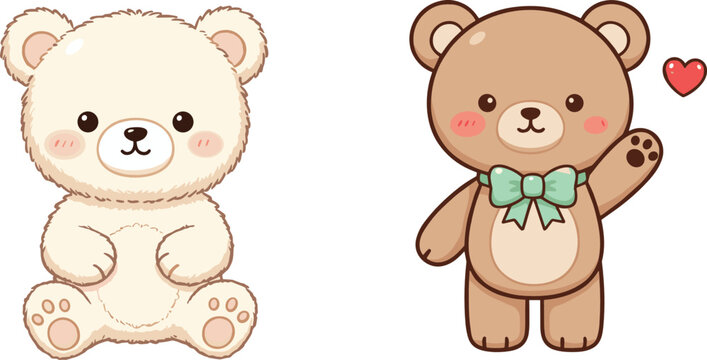 Cute fluffy bear and waving teddy bear with bow and heart in adorable kawaii cartoon style vector illustration