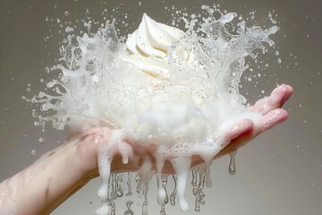Fototapeta premium A hand holds soft-serve ice cream, surrounded by splashes of foam, creating a dynamic and visually engaging scene.