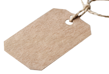 This design displays a natural textured paper sale tag with a string, isolated on a transparent background. Ideal for labels, pricing, and crafting projects