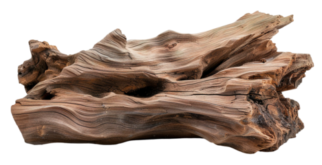 Gnarled section of tree root shows a rugged texture. The piece is cut out and isolated against a transparent background, suitable for various design applications or artistic uses