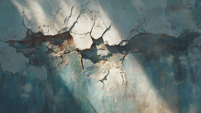 Close-up of a damaged wall with cracks, showcasing texture and age